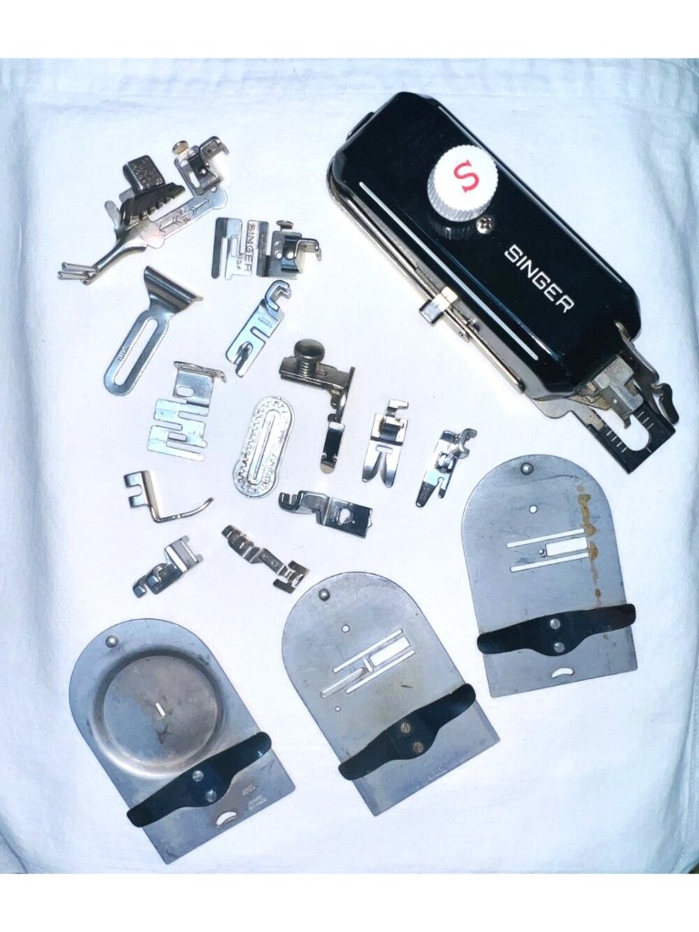 Singer Sewing Machine Buttonholer Attachments Lot wPresser Feet Plates